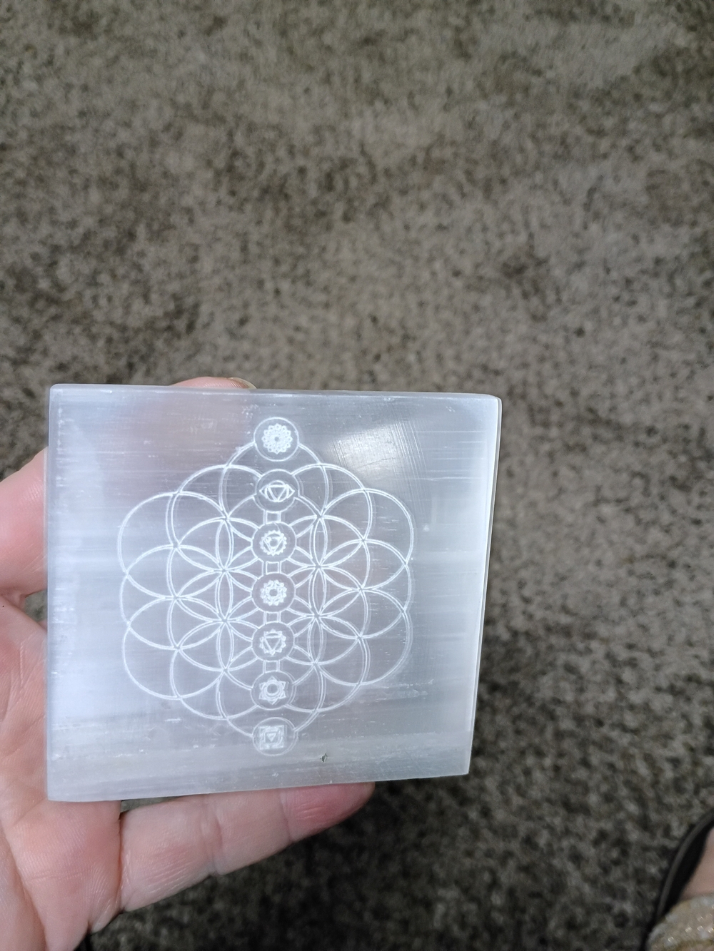 Selenite Crystal Grid Square with Etched Chakras